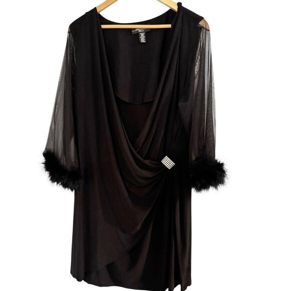 R.M Richards Black Stretchy Ruched Dress Sheer Sleeve Fur Trim Size 18W - Picture 1 of 7